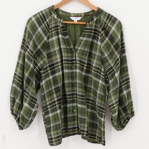 Green Plaid‎ Peasant Flannel Button Top Womens Cottage Cabin Rustic Farm Size S